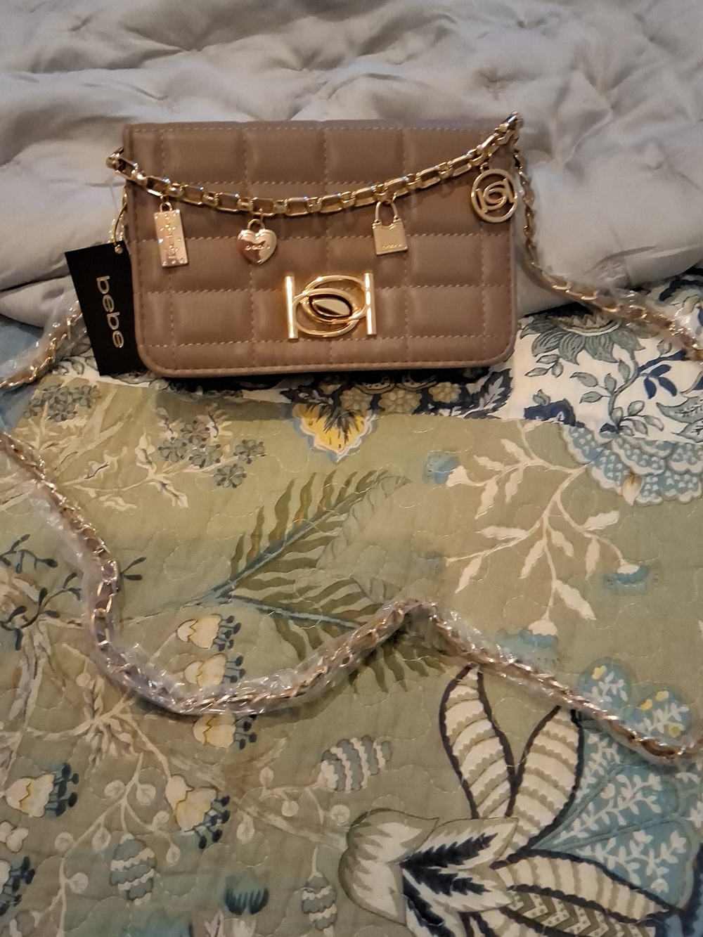 bebe Quilted Crossbody Bag in Taupe with Gold Hardware